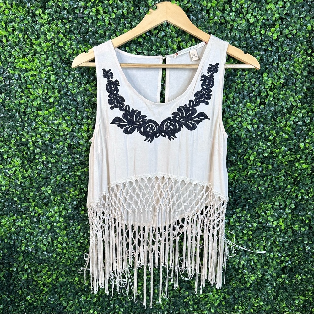 Anthropologie beige Crop Tank Top with fringe‎